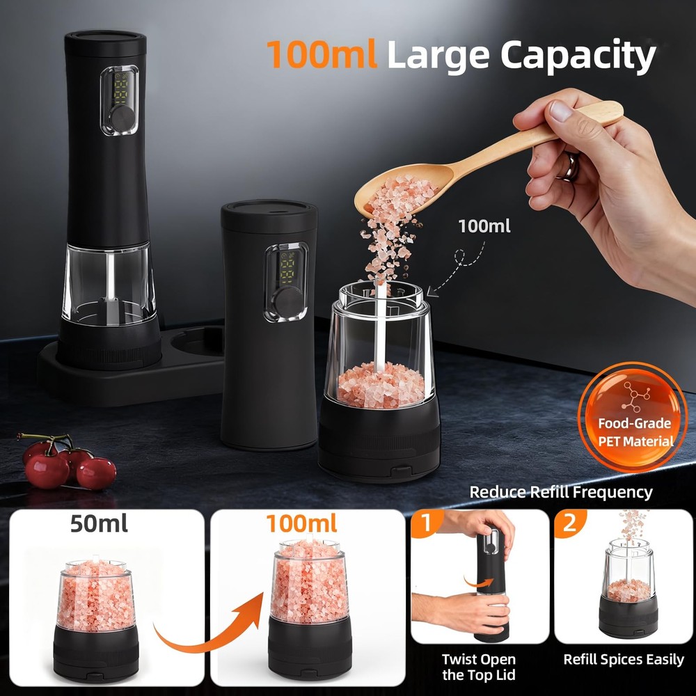 2 Pack Salt and Pepper Grinder Set, Rechargeable Automatic Pepper Mill with B...