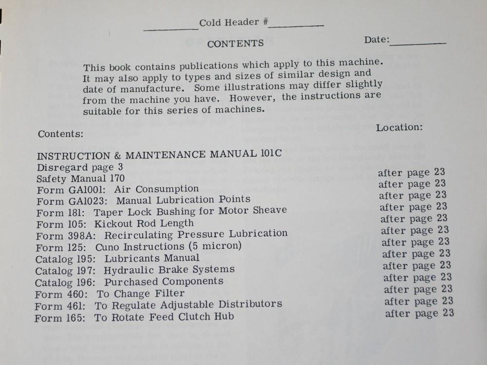 National Machinery Open & Solid Die Cold Headers Operators & Parts Manual