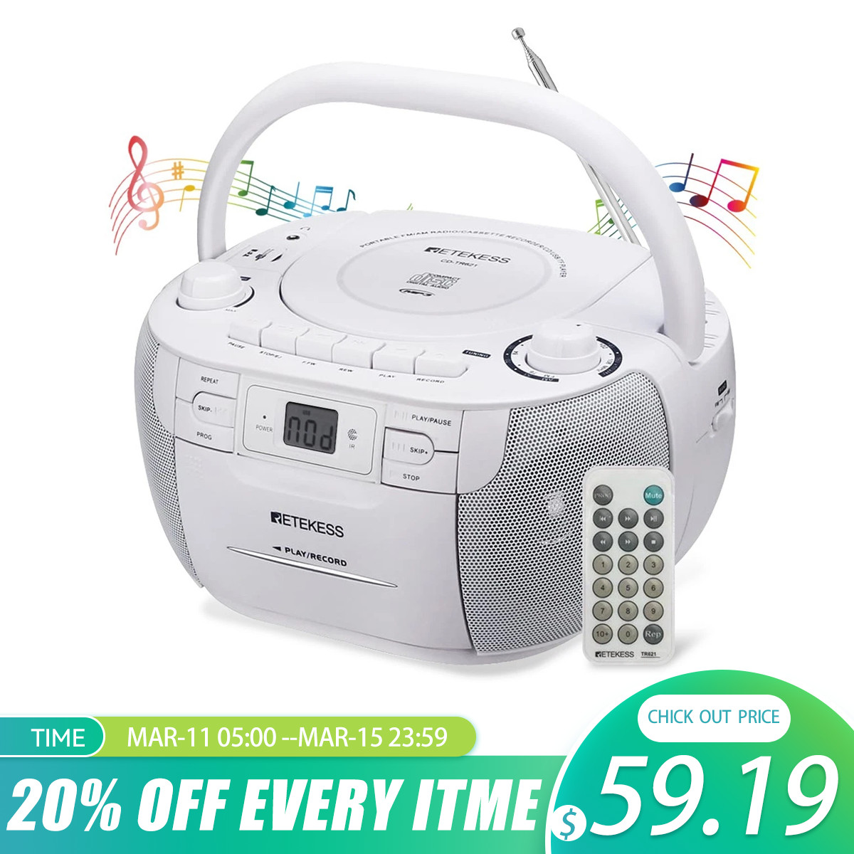 CD Player Boombox TR621 Cassette Player Portable AM FM Radio Stereo for Home