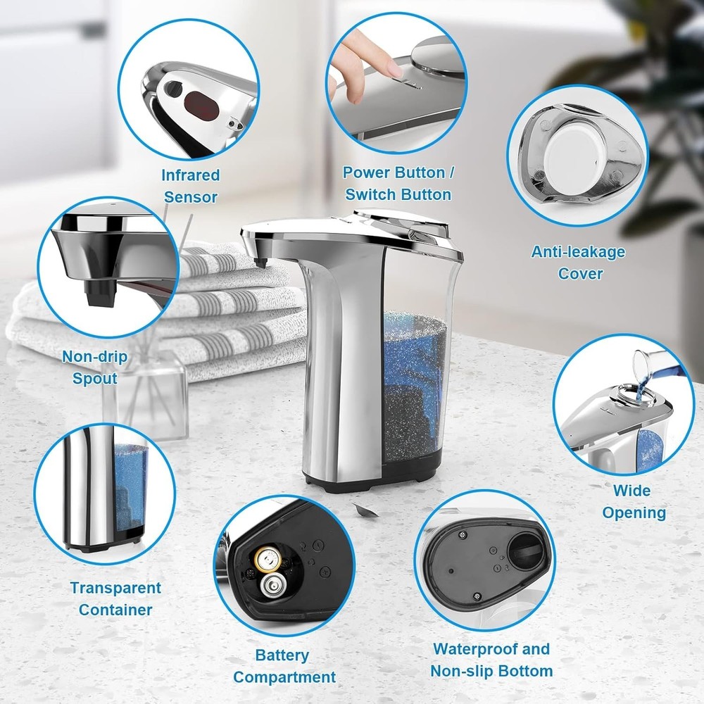 Sleek Silver Automatic Touchless Dish Soap Dispenser, 5 Levels, 500ml