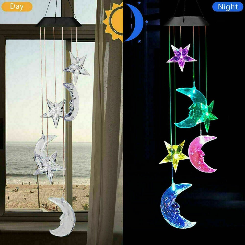 LED Solar Wind Chimes Lights Moon&Star Color Changing Lawn Hanging Lamp Decor US