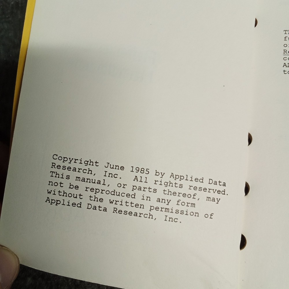 ADR DataDictionary Reference Handbook 1985 Applied Data Research Manual Yellow