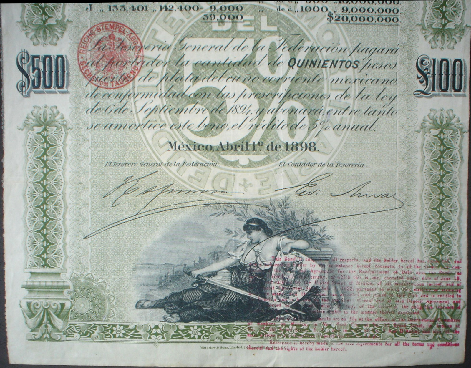 Mexico ESTADOS UNIDOS MEXICANOS BONDS 5%, £100, 1898 uncancelled