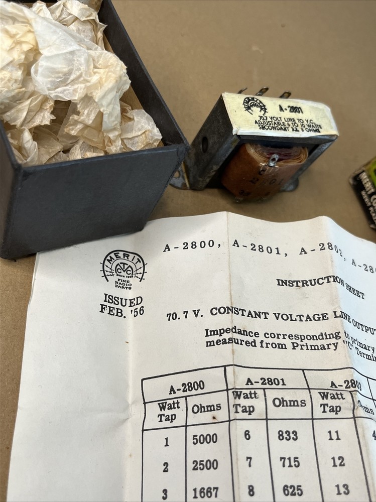 Merit Transformer A-2801 Vintage Adjustable Original Box Instruction Sheet NOS