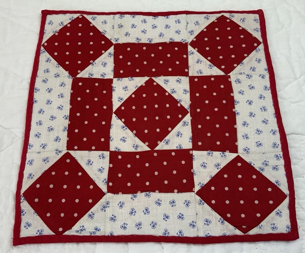 Antique Vintage Patchwork Quilt Table Topper, Squares & Triangles, Red, Blue