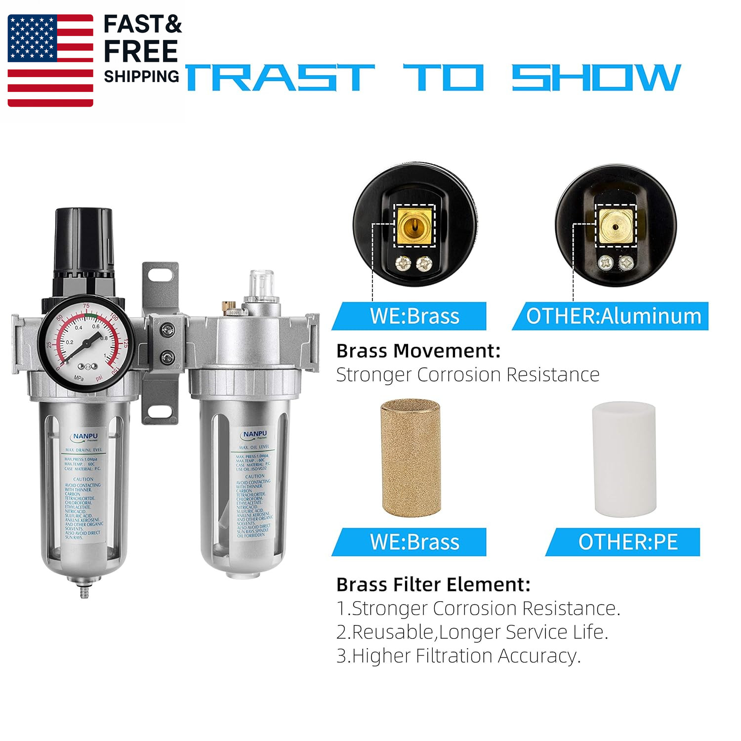 1/2" NPT Air Filter Pressure Regulator Lubricator Dryer Gauge Kit Water/Oil Trap