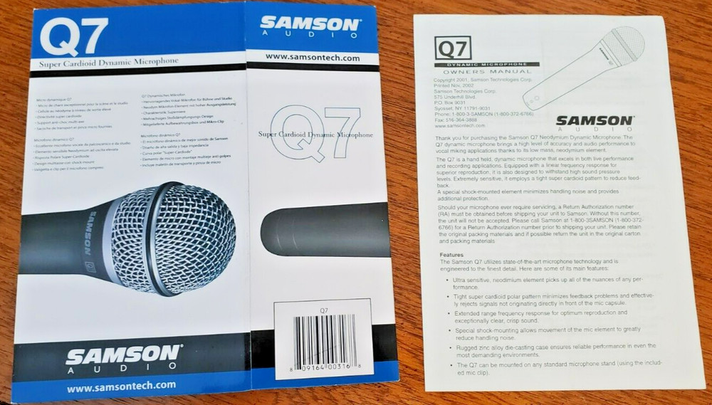 Samson Q7 Microphone BOX and OWNERS MANUAL - NO microphone included