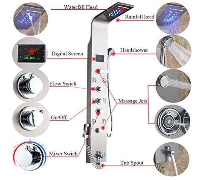 Shower Wall Panel Tower System Brushed Nickel Rainfall Waterfall Massage Jets