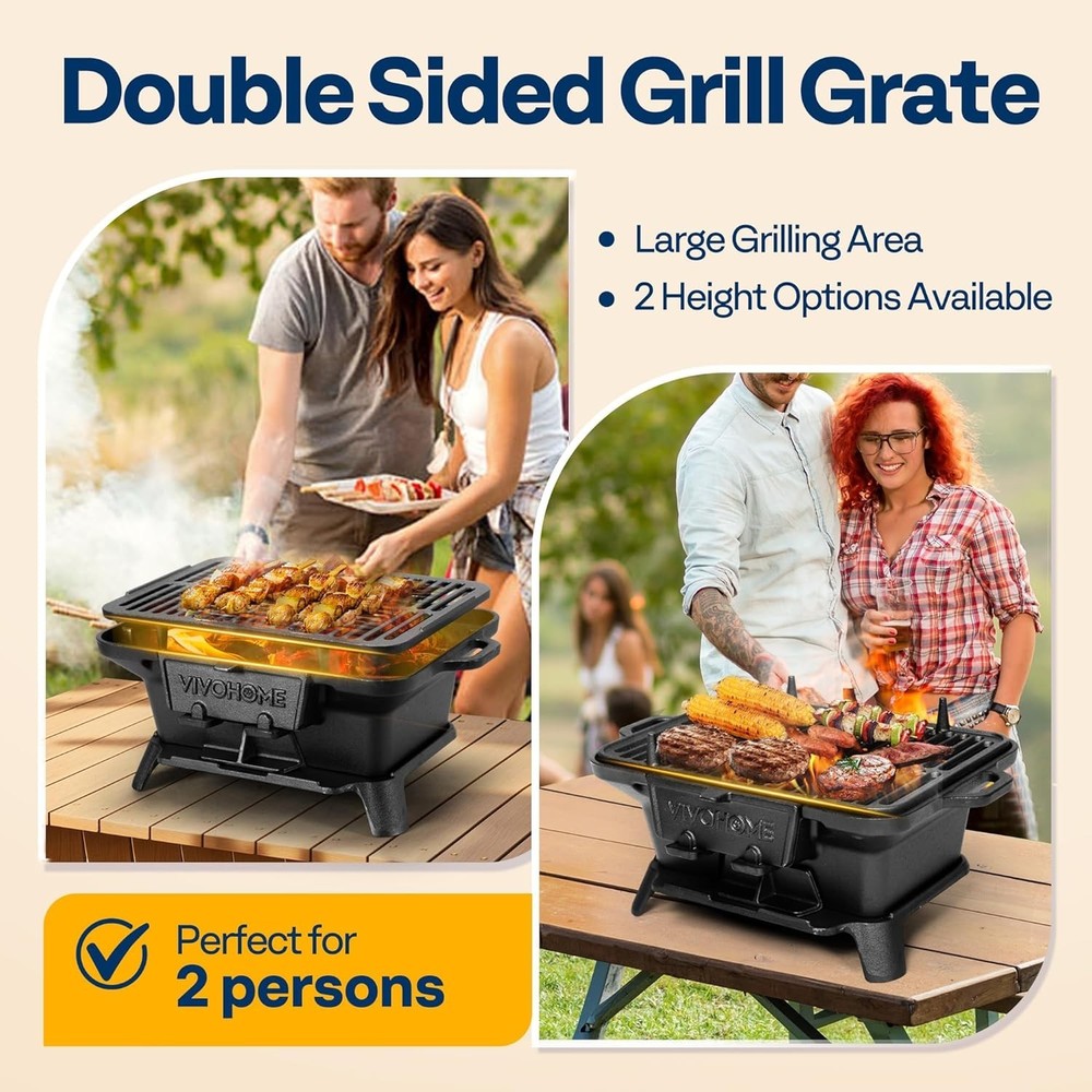 Portable Charcoal Grill Cast Iron Double Sided Grate Tabletop BBQ