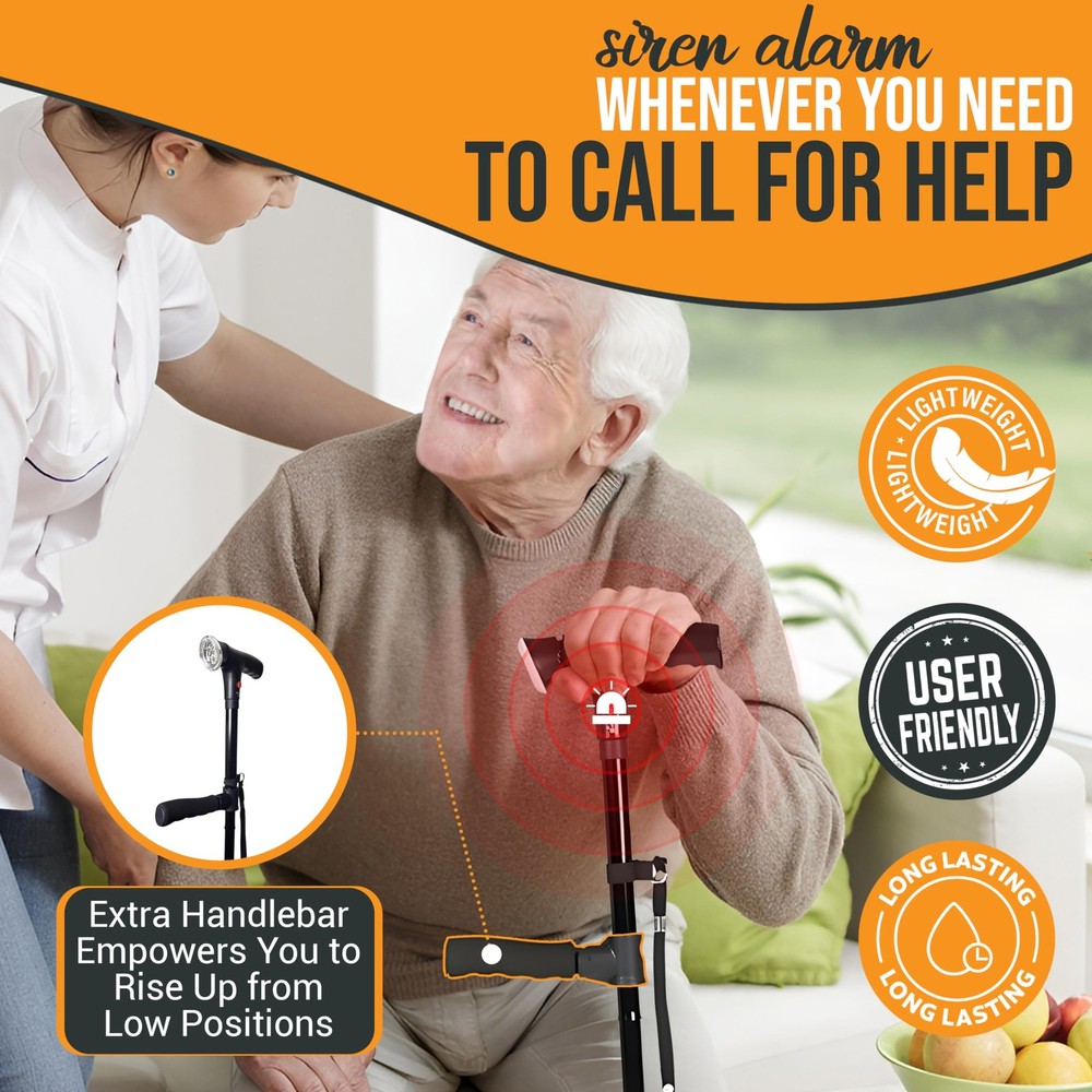 Walking Cane with Light & Alarm - Foldable Adjustable Lightweight for Balance...