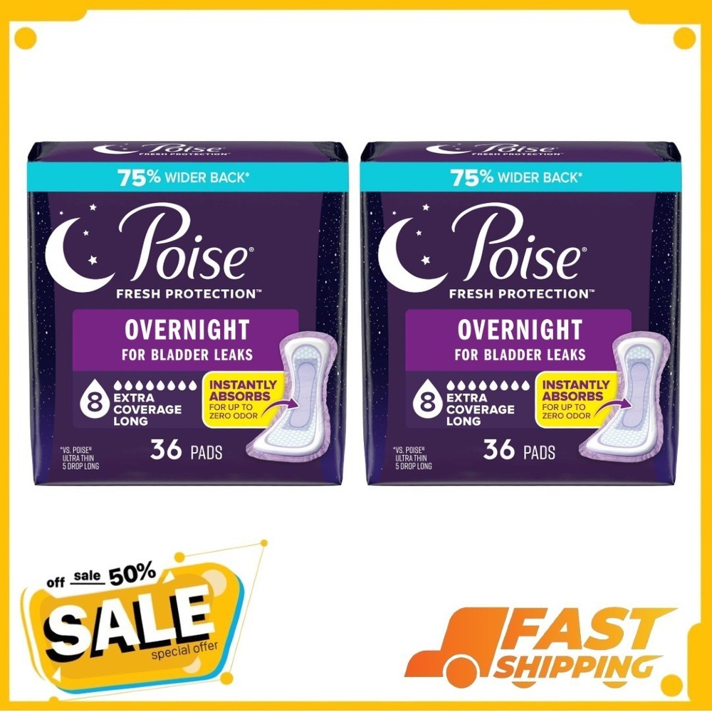 Poise Overnight Incontinence & Postpartum Pads8 Drop Extra Coverage, 72 Count