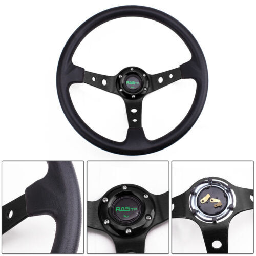 Black 345mm Deep Dished Red Racing Steering Wheel+Ball Quick Release Adapter Kit