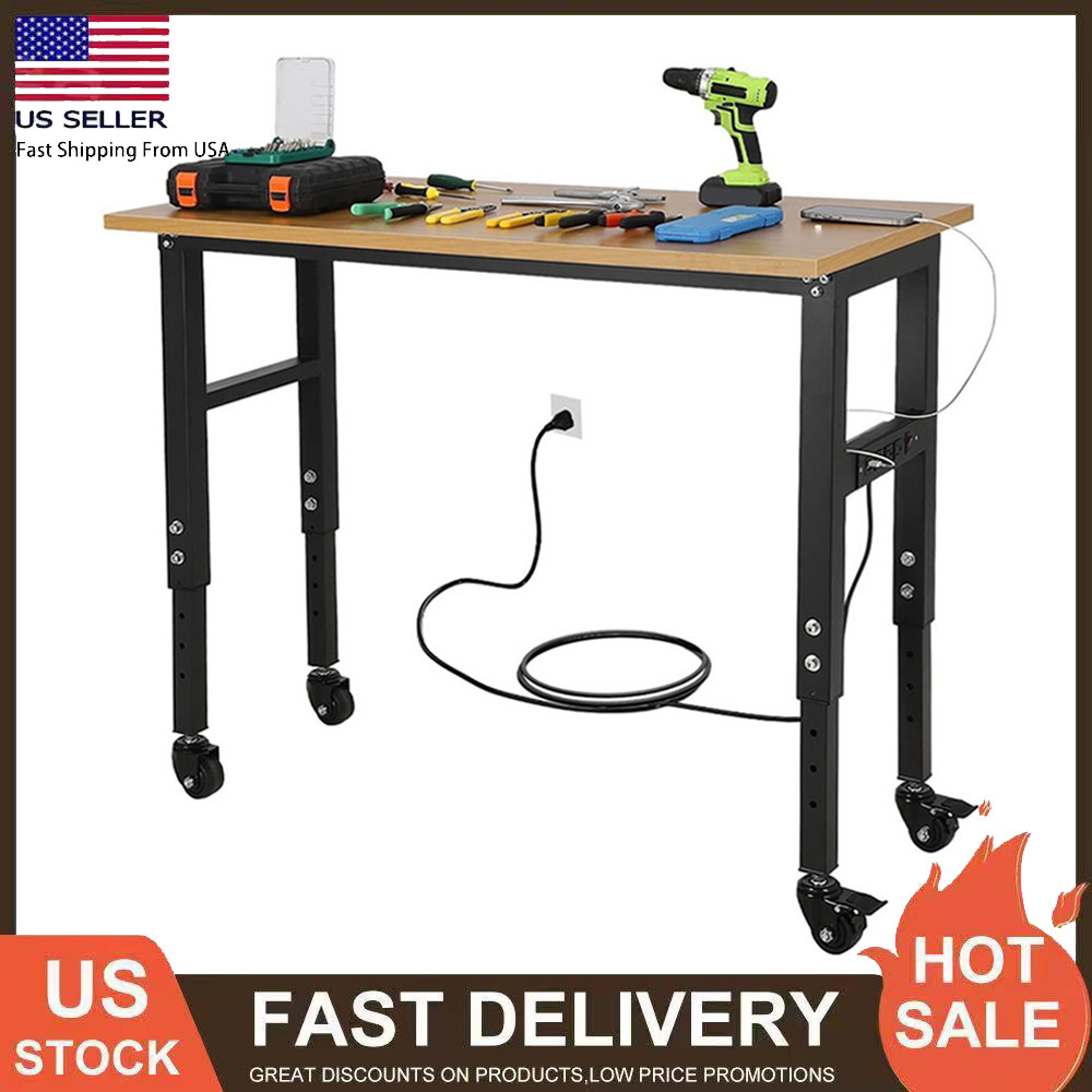 Adjustable Height Workbench 48"x 24" Work Bench Table w/ Power Outlets & Wheels