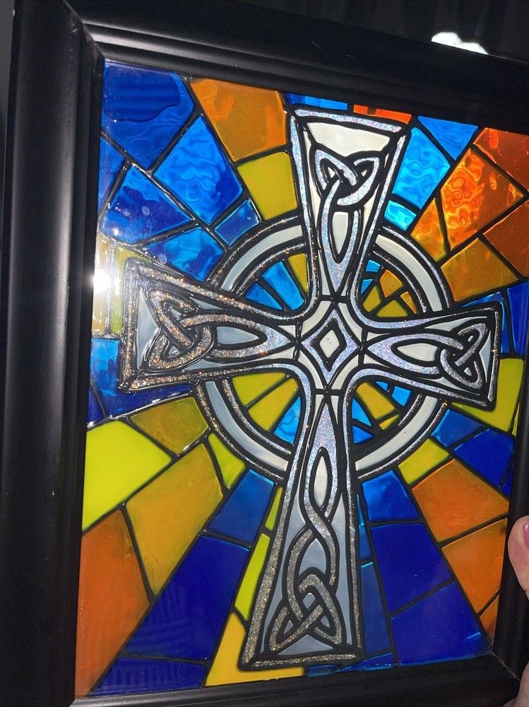 Celtic Cross Stained Glass Window Panel Rectangular Mid-Century Framed 10x12”