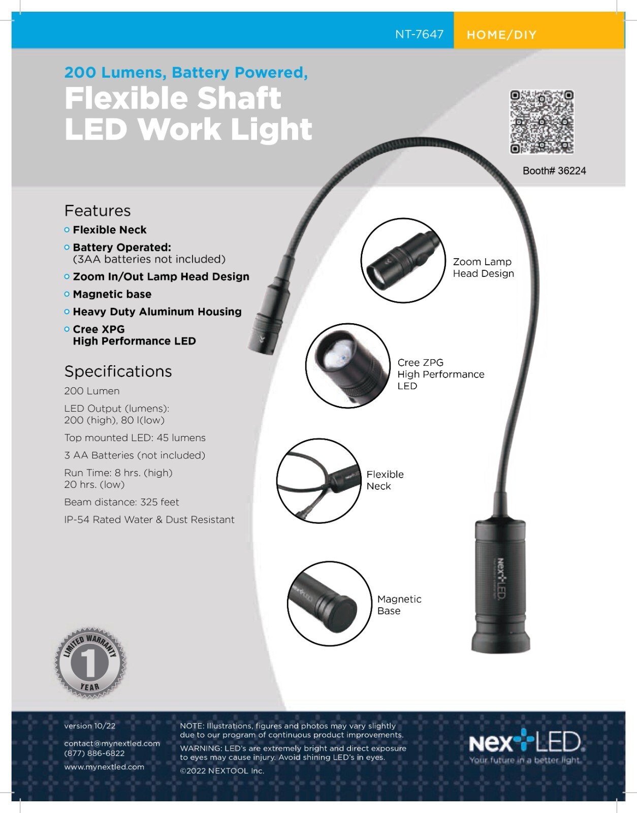 Cree LED Work Light 20'' Flexible Gooseneck & Magnetic Base, 200 Lumen, NextLED