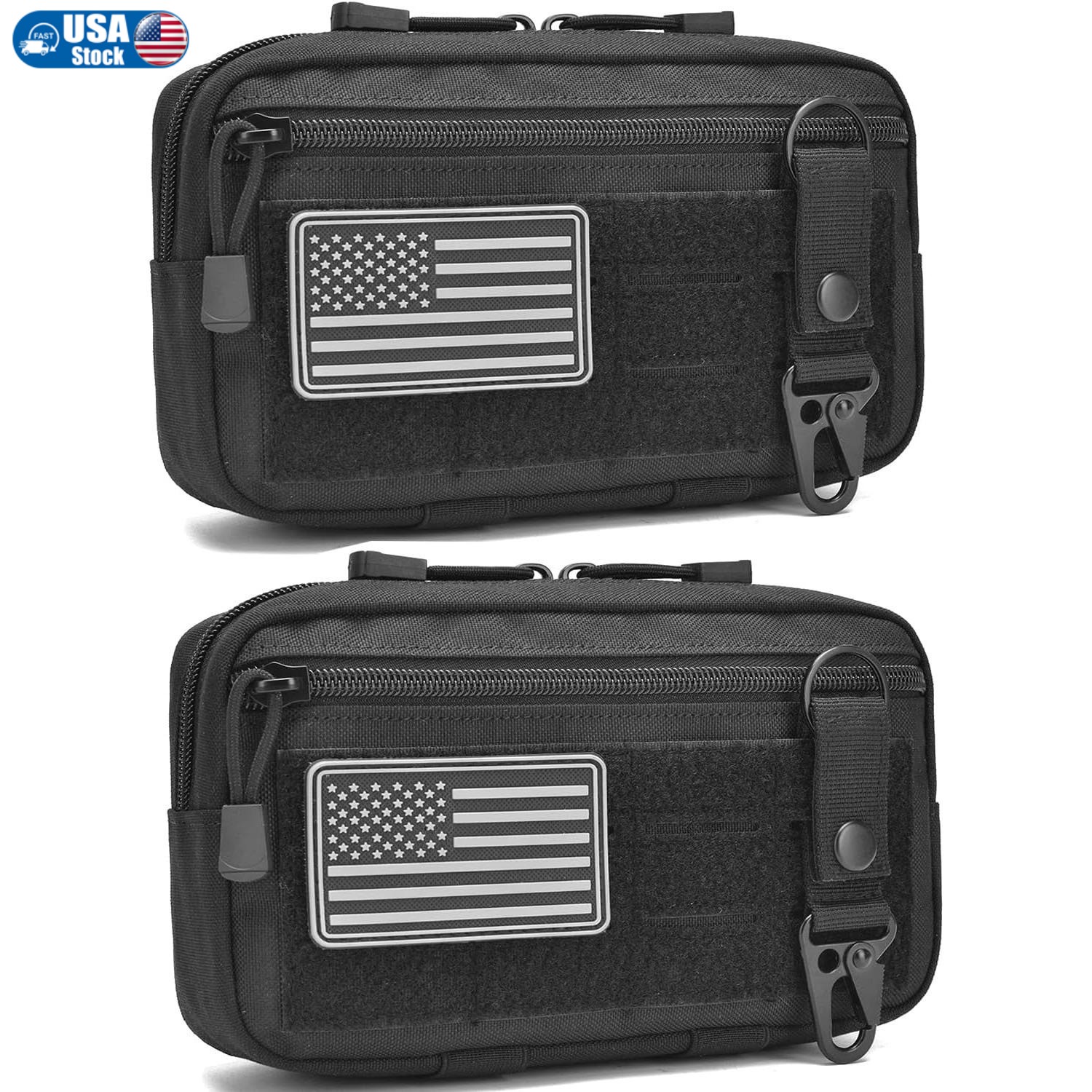 2 Pack Tactical Molle Pouch with US Flag Patch Keychain EDC Tool Bag