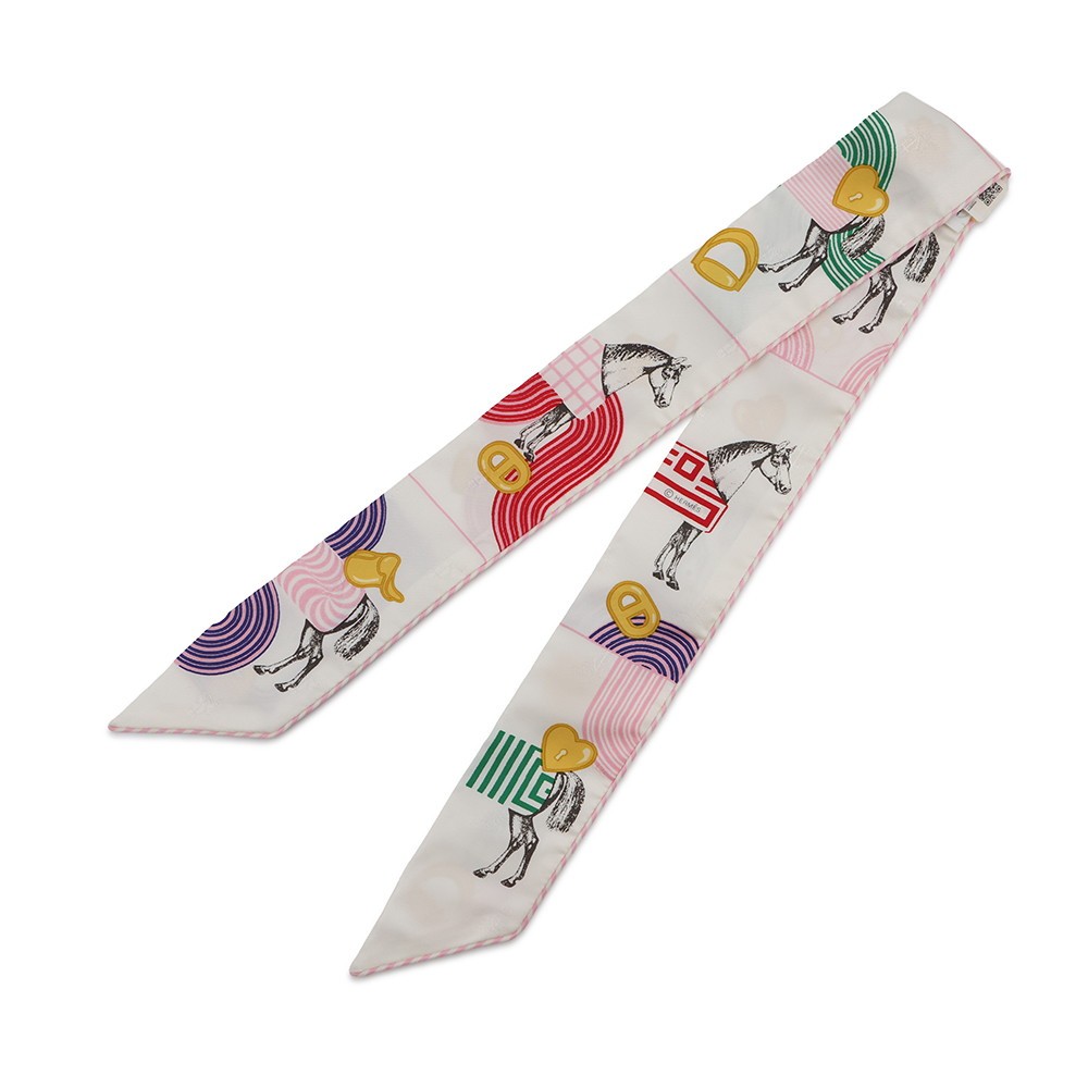 HERMES Twilly Garde Robe Pop Silk100% Blanc/Multicolor