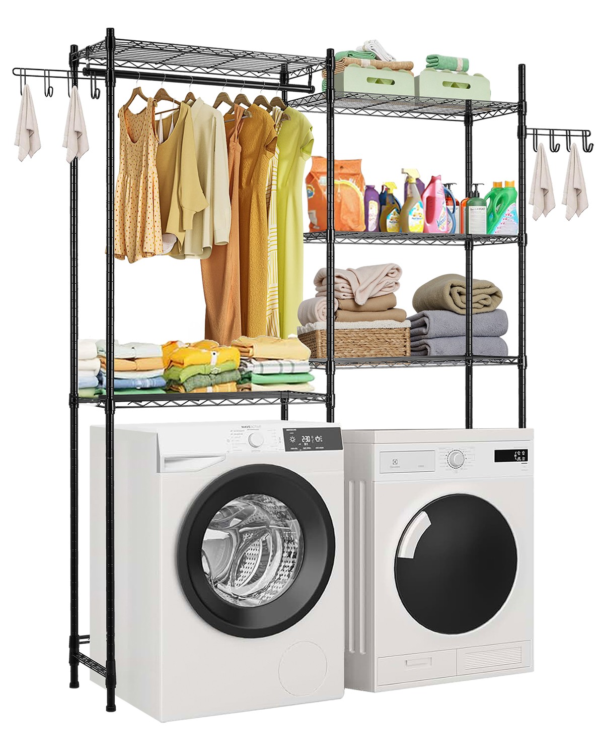 Over Washer and Dryer Storage Shelf Two Row 5 Tiers Washer Rack Black