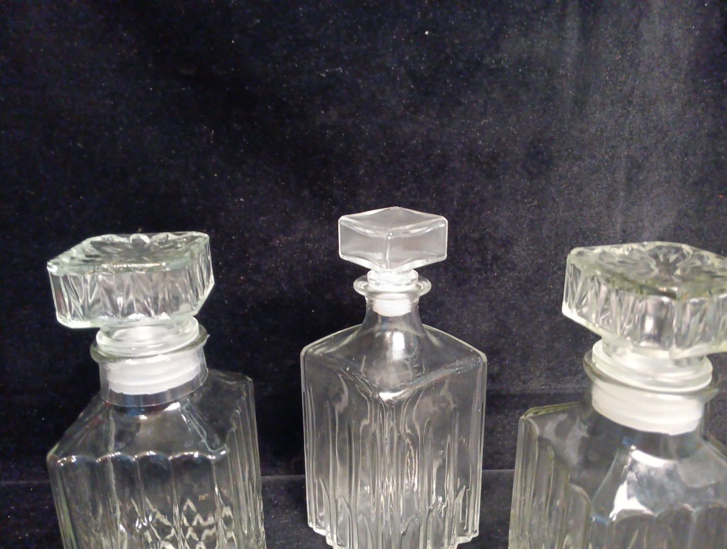 3 Square Heavy Crystal Glass 1 Glass Decanter 9"x3.5" Stoppers Great Condition