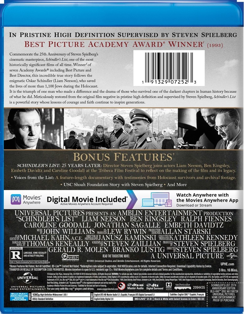 Schindler's List Blu-ray Liam Neeson NEW