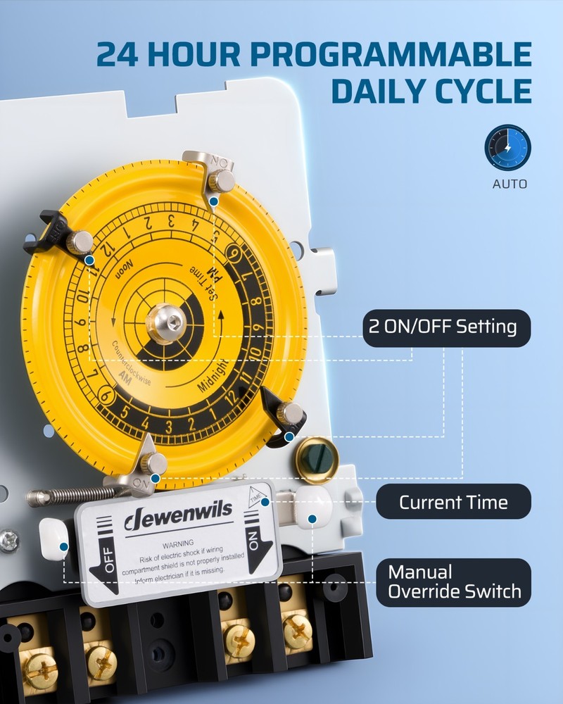 DEWENWILS Heavy Duty Pool Timer, 2HP 40A 120V,24 Hour Programmable ON/Off Switch