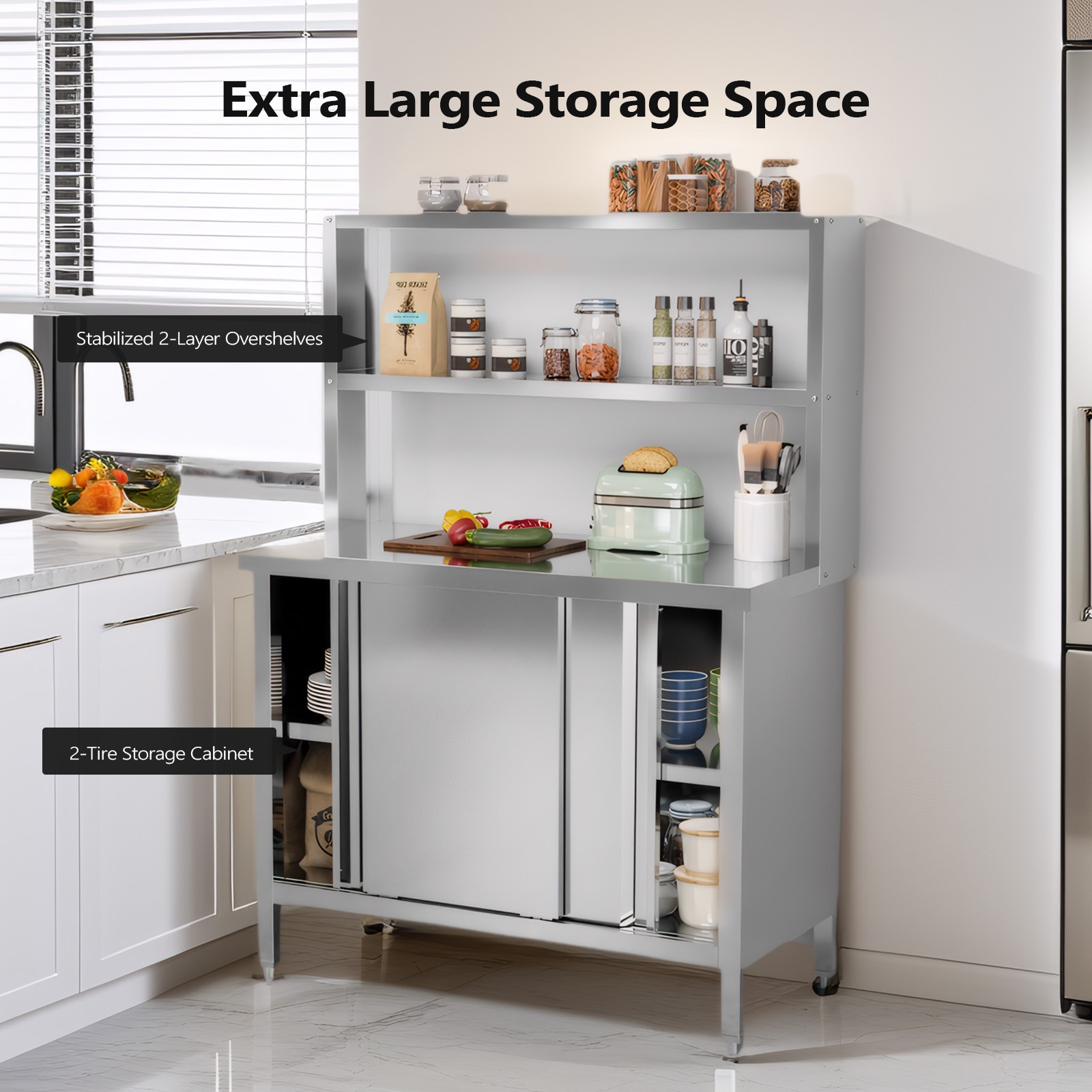 Stainless Steel Kitchen Prep Table with Cabinet & Adjustable Feet 230lb Capacity