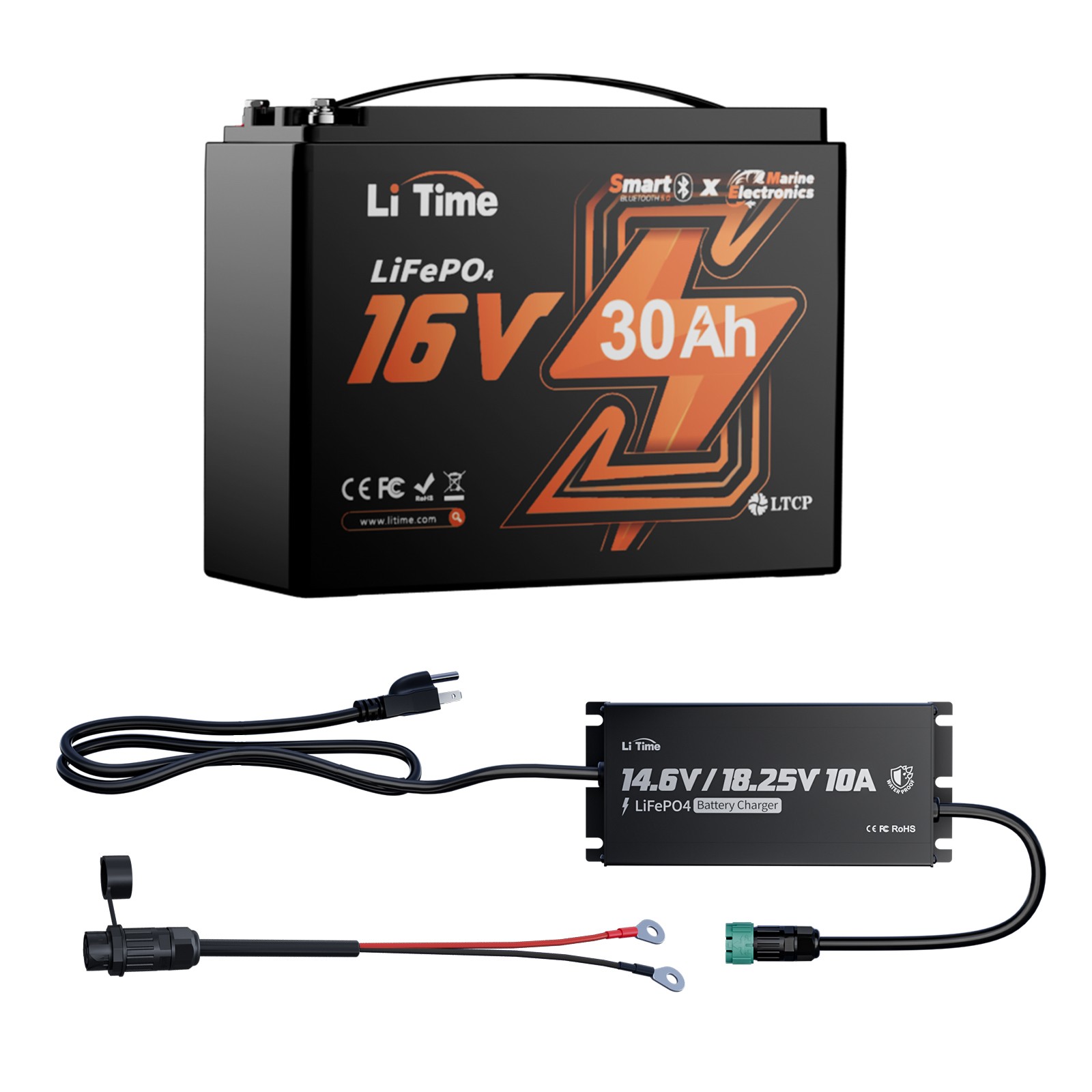 LiTime 16V 30Ah 70Ah 100Ah Smart Fish Finder LiFePO4 Lithium Battery w/ Charger