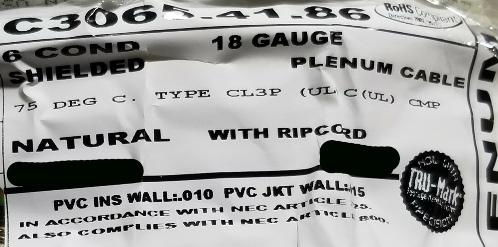 Carol C3065 18/6C Shielded Control/Communications Cable Plenum CL3P White /50ft