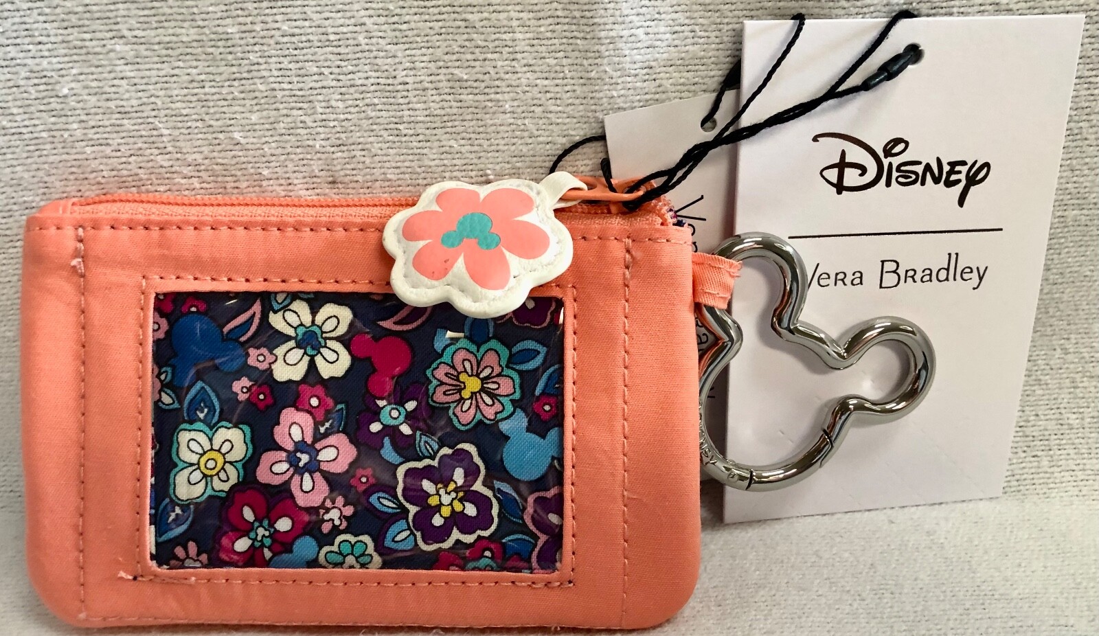 Vera Bradley Disney Sensational Minnie Mouse Zip ID Case Peach Cotton Keyring