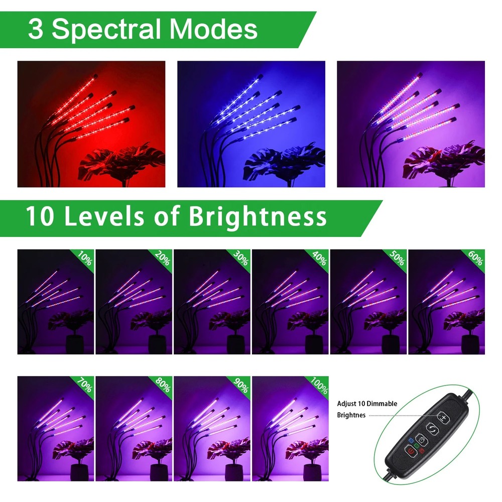 6 Head LED Grow Light Full Spectrum Dimmable Timer for Indoor Plants