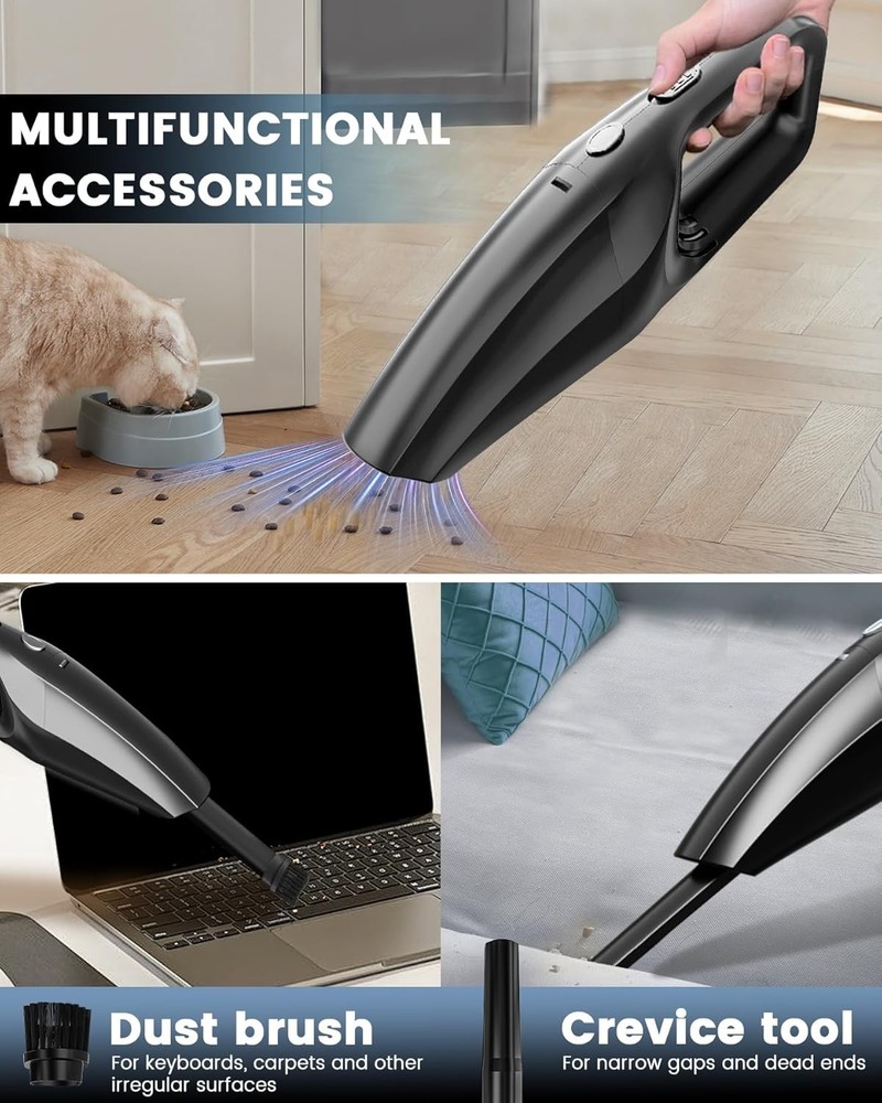 Lightweight Rechargeable Handheld Vacuum - Includes Crevice Tool & Dusting Brush
