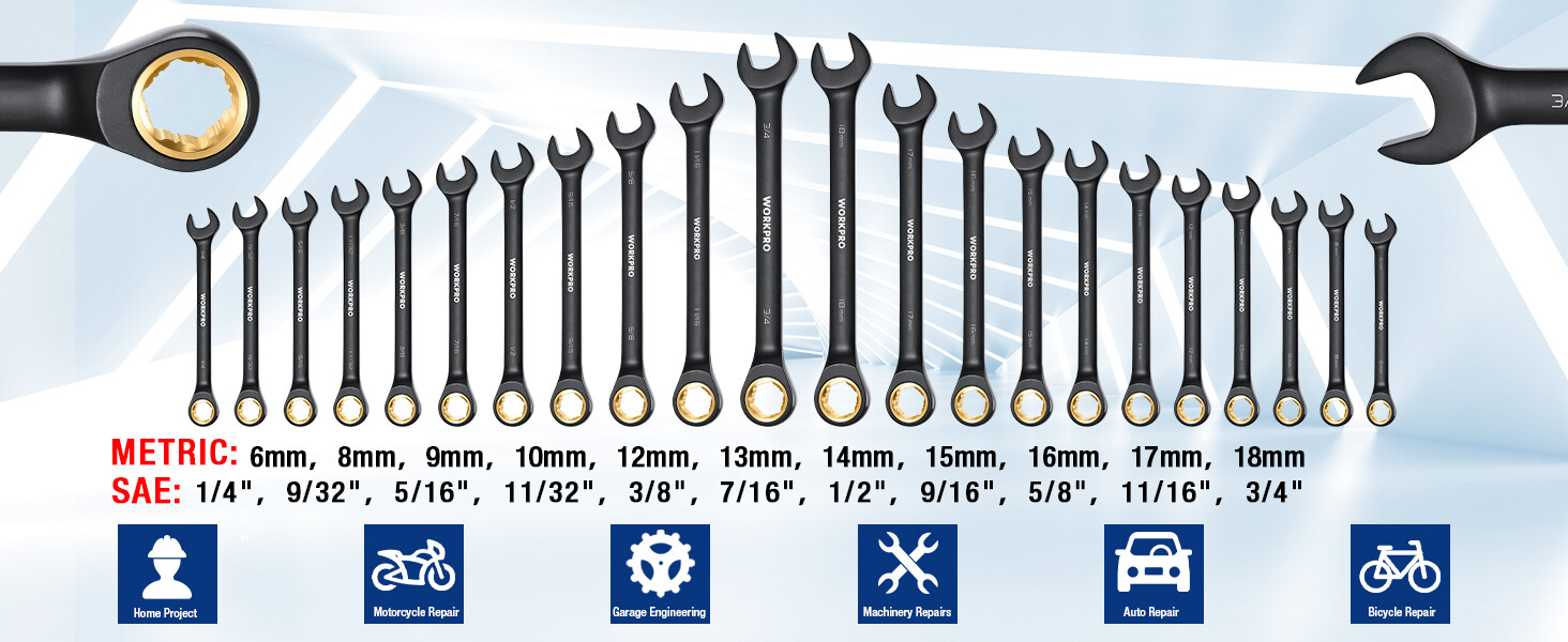 WORKPRO 22Piece Ratcheting Wrench Set, 72 Teeth Anti-slip with Organizer Box NEW