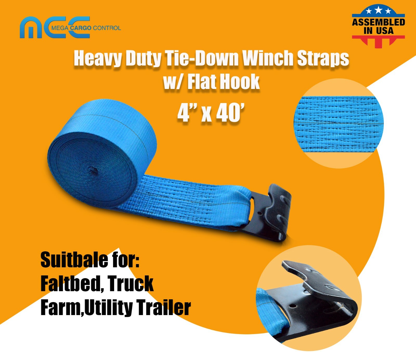 USA Heavy Duty 4" x40' Winch Strap Flat Hook Flatbed Truck Trailer Farm Tie Down