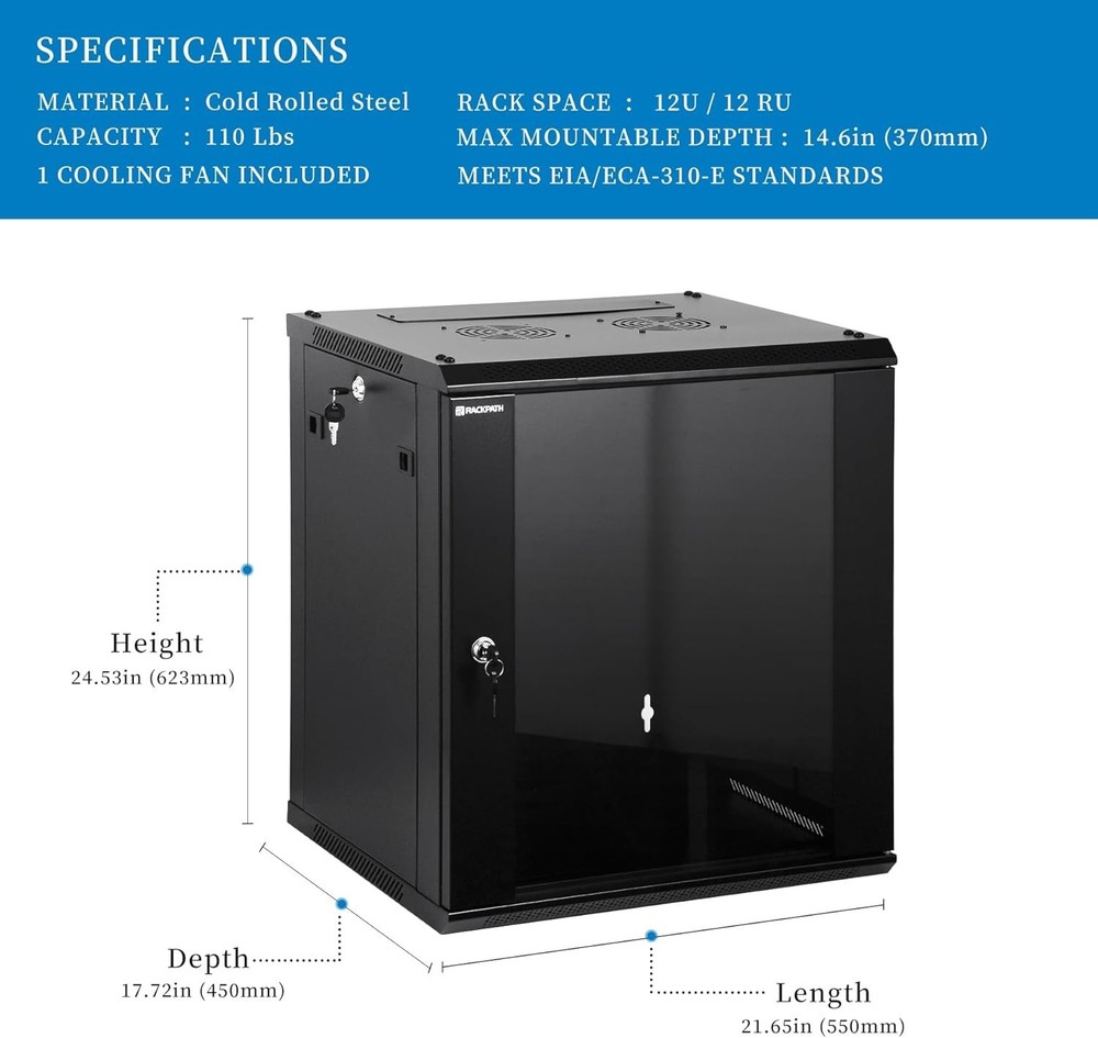 Rackpath 12U Wall Mount Network Rack Cabinet 19” Server Rack 17.7” Deep Black