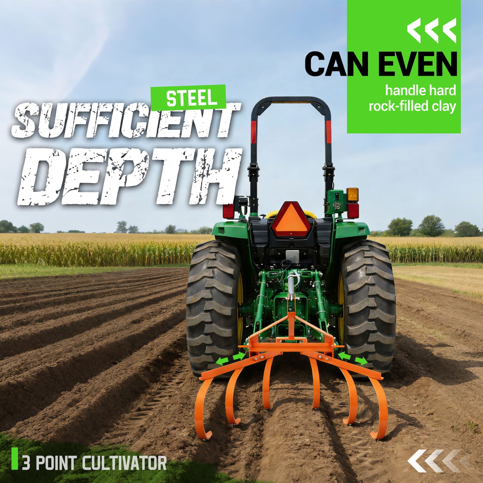 Cultivator with 6 Spring Steel Shanks 3 Point Quick Hitch Adujustable 18in-40in