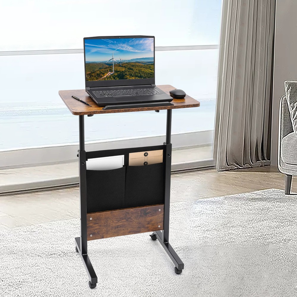 Rolling Laptop Desk Adjustable Height Computer Table Stand up Office w/ Storage