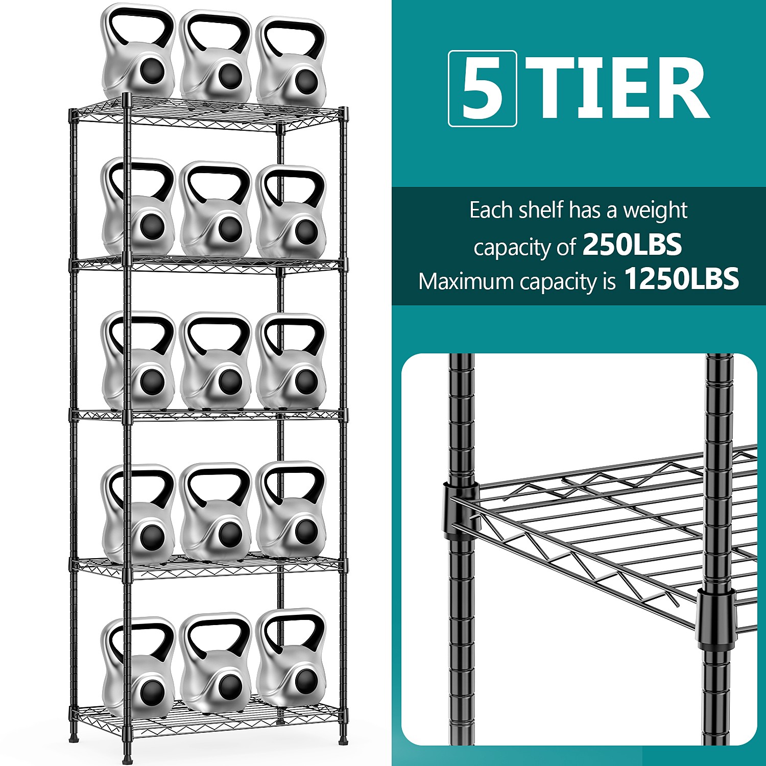 Heavy Duty 5 Tier Adjustable Metal Wire Shelves Storage Kitchen Garage Rack 63"