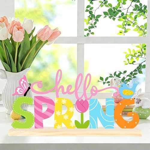 Metal Hello Spring Table Sign, Hello Spring Tabletop Decoration Hello.Spring