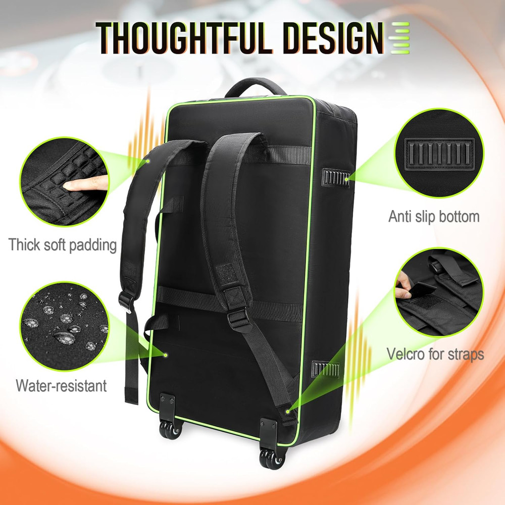 Rolling DJ Controller Case With Wheels Backpack 17.3" Laptop Multi Pocket Padded