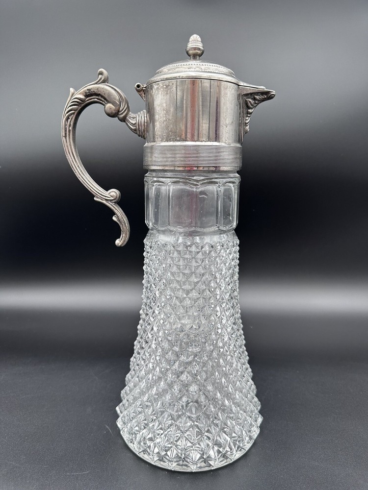 Vtg Large Pressed Glass Claret Jug With Insert Silver Plate Collar And Handle