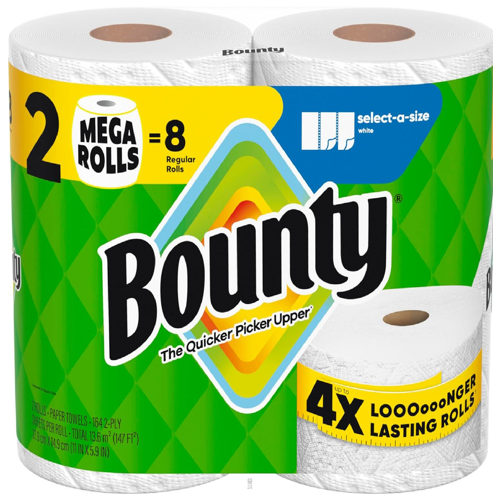 Bounty Select-A-Size Paper Towels, White, 2 Mega Rolls = 8 Regular Rolls
