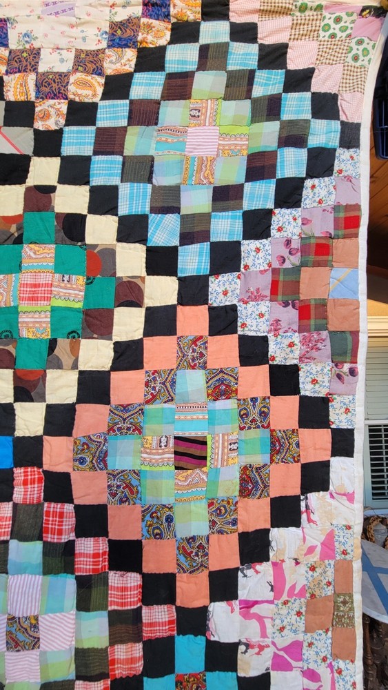 Vintage Handmade Scrap Quilt Large Diamond Patchwork Folk Art Bedspread