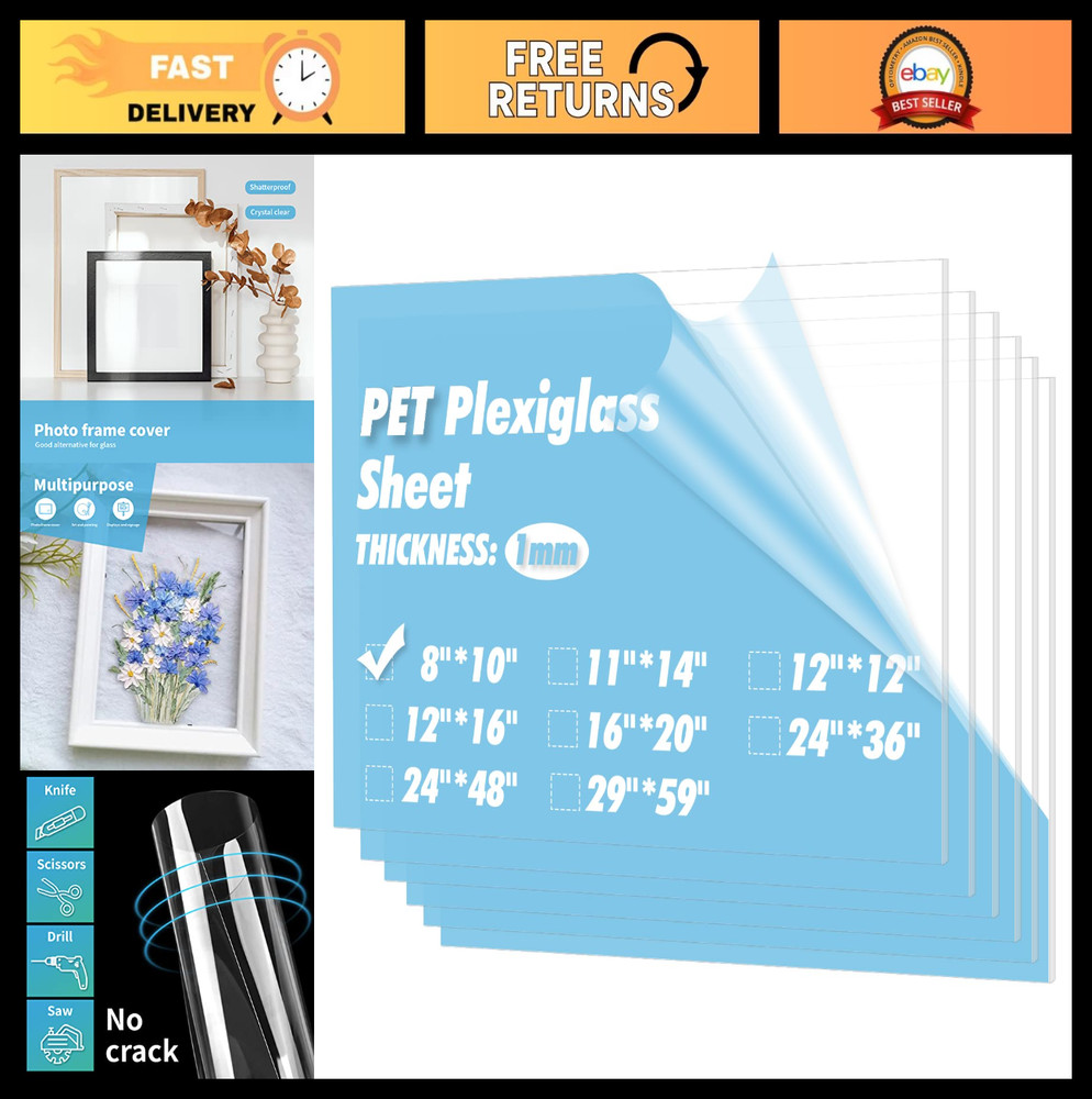 5-Pack 8x10" Clear PET Plexiglass Sheets - Flexible Plastic for Crafts, Frames,