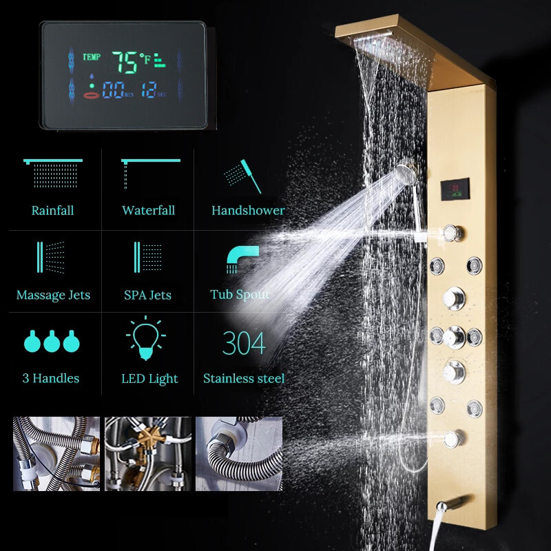 Brushed Gold Shower Panel Tower System Shower Tower Set with LED Rainfall Head