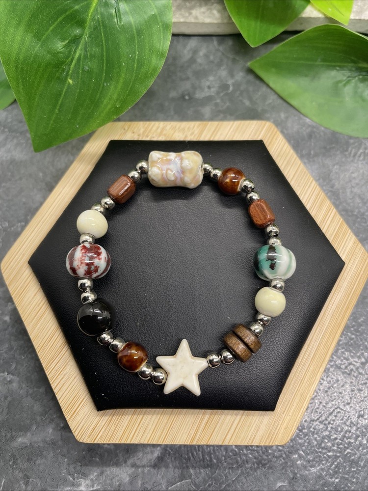 Handmade Ceramic Bead Beaded Stackable 6.25” Plus Stretch Bracelet New B290