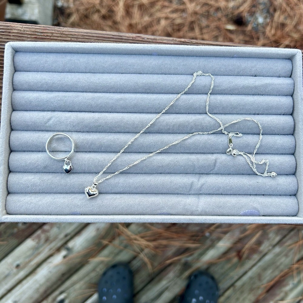 Dangle Heart Ring SIZE 6 & Matching Necklace 925 Solid Sterling Silver Gift Set