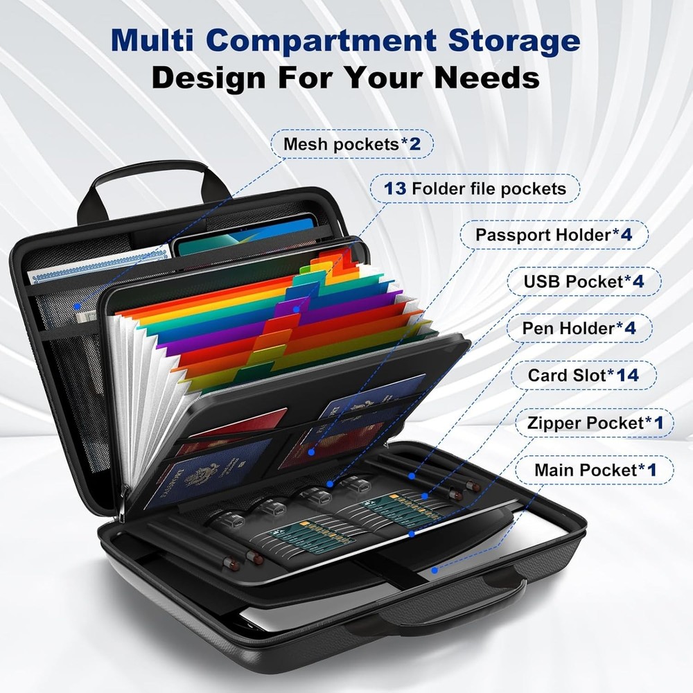 Fireproof Document Box with Lock 13 Pockets Waterproof Hard Case File Organizer