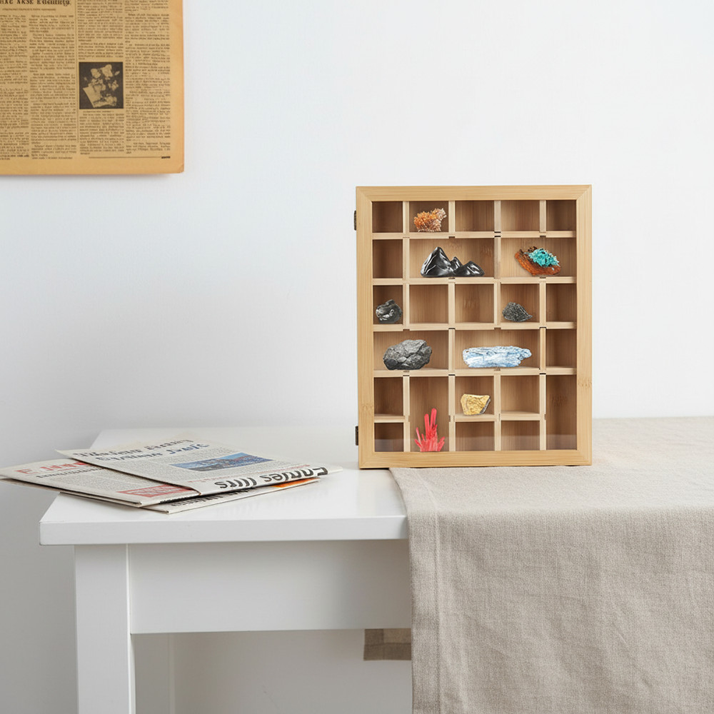 30-Grid Wooden Display Box for Crystals Rocks Minerals Collectibles Adjustable