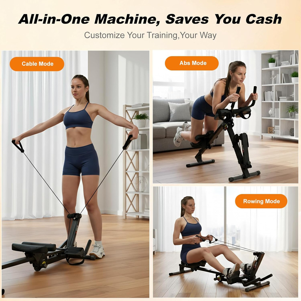 TOUSAINS 3 in 1 Ab Machine, Foldable Rowing Machine & Cable System, Core Trainer