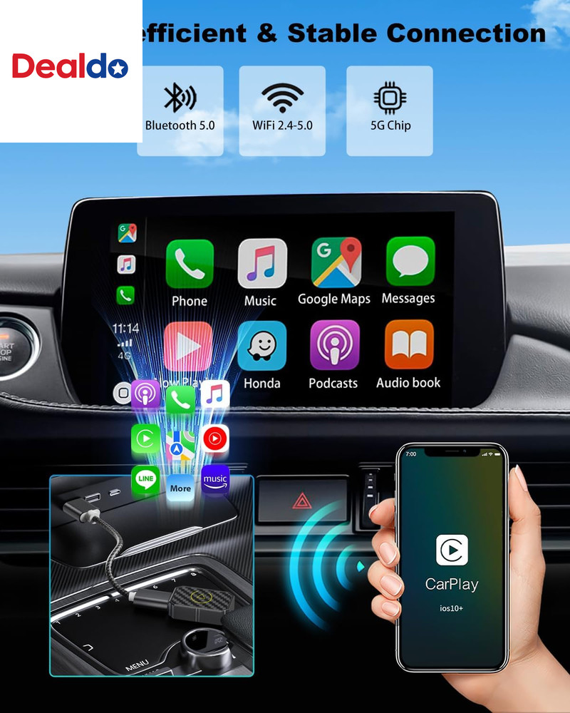 Mini Wireless Carplay Adapter for Apple, Plug & Play Low Latency Converts Wired